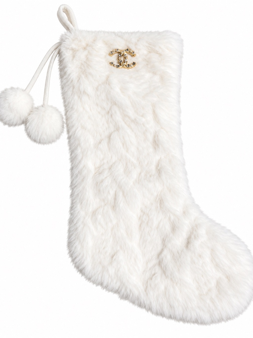 CC White Faux Fur Holiday Stocking - Luxe Mantel Decoration - Picture 2 of 2